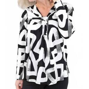 NEW MICHAEL TYLER long-sleeve print top with knot front tunic in black/white